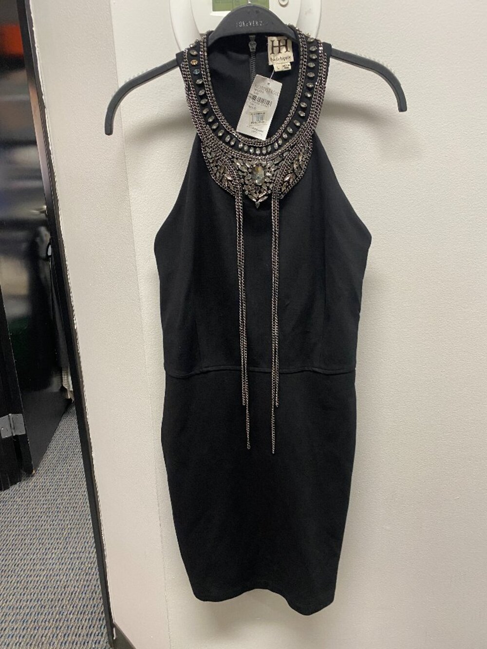 NWT Haute Hippie Black Embellished Halter Neck Mini Dress Size L